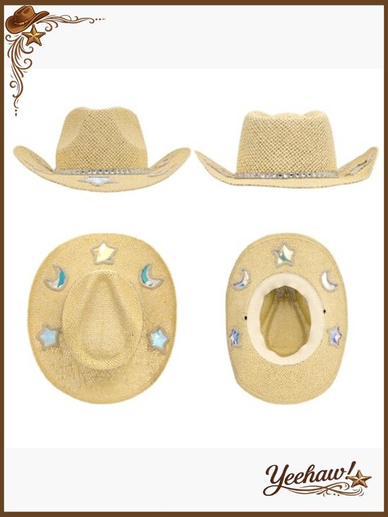 Straw Western Cowgirl Hat with Star Moon Patches, One Size main image 4